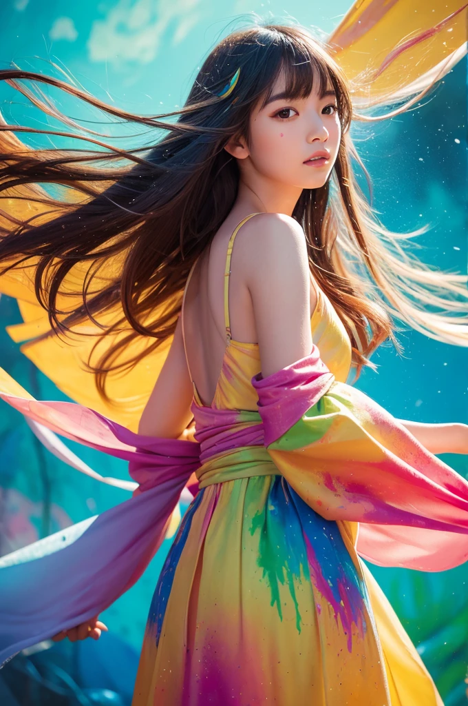 A beautiful Japanese girl is depicted in a vertical portrait, emerging from a vibrant splash of multicolored paint. She has long, dark hair with bangs framing her delicate face, and her expression is serene and captivating. She wears a semi-transparent, lightweight dress with a flowing, thin fabric that complements the fluidity of the paint around her.
The background is a light, neutral color, allowing the vivid colors of the paint to stand out. The paint splashes are rendered in dynamic, sweeping arcs, with hues of green, yellow, orange, blue, and red, creating a sense of movement and energy. The artist employs digital painting techniques to achieve a high level of detail, particularly in the textures of the paint and the delicate fabric of the dress.
The lighting is soft and even, casting gentle highlights on the girl's face and the paint, enhancing the overall sense of depth and realism. The use of bright, saturated colors and dynamic composition creates a visually striking and lively image.