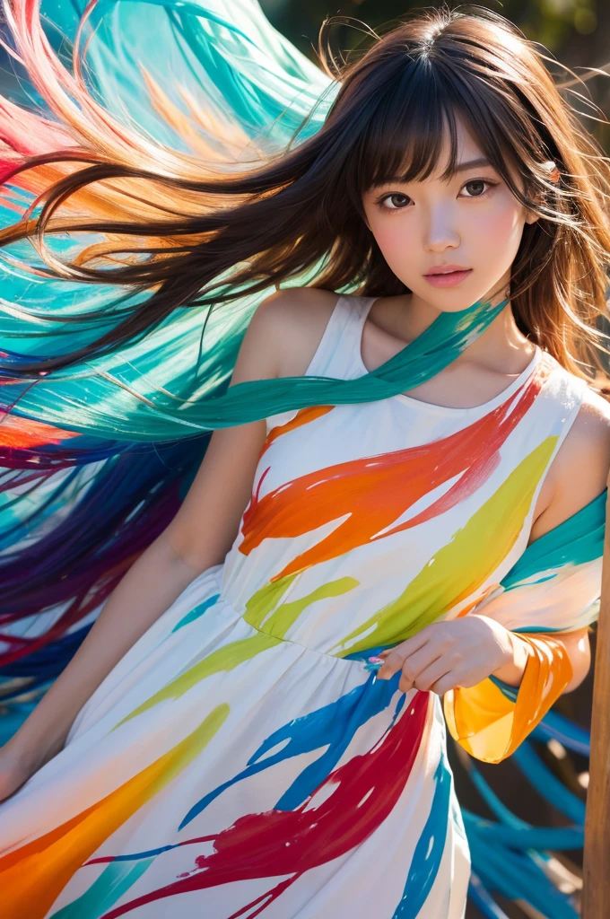 A beautiful Japanese girl is depicted in a vertical portrait, emerging from a vibrant splash of multicolored paint. She has long, dark hair with bangs framing her delicate face, and her expression is serene and captivating. She wears a semi-transparent, lightweight dress with a flowing, thin fabric that complements the fluidity of the paint around her.

The background is a light, neutral color, allowing the vivid colors of the paint to stand out. The paint splashes are rendered in dynamic, sweeping arcs, with hues of green, yellow, orange, blue, and red, creating a sense of movement and energy. The artist employs digital painting techniques to achieve a high level of detail, particularly in the textures of the paint and the delicate fabric of the dress.

The lighting is soft and even, casting gentle highlights on the girl's face and the paint, enhancing the overall sense of depth and realism. The use of bright, saturated colors and dynamic composition creates a visually striking and lively image.