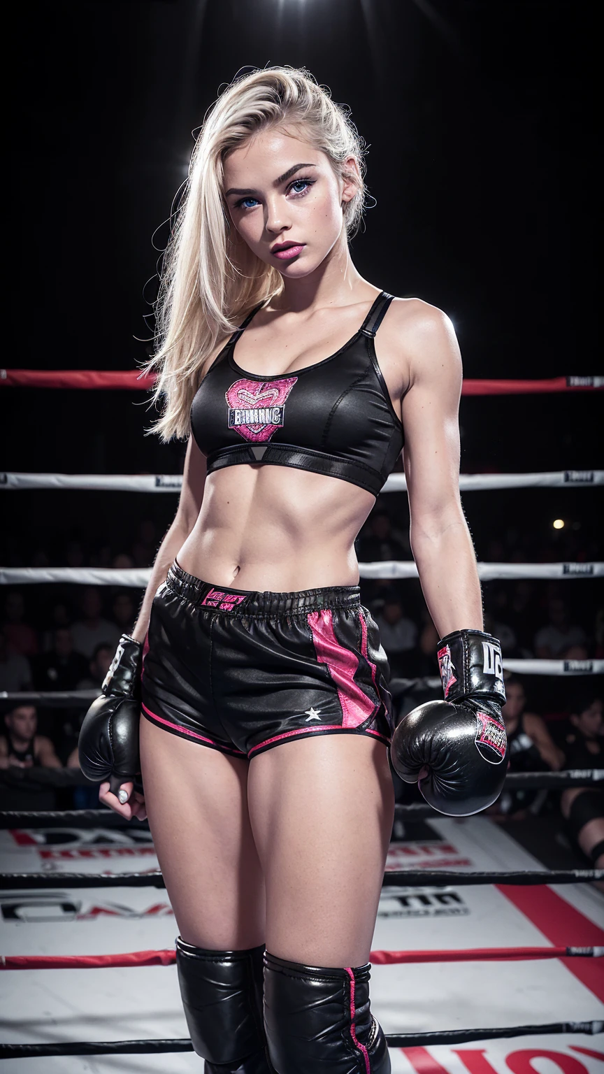 Beautiful cute young American bimbo, 16 years old, young cute sexy bimbo face, ((black boxing shorts:1.5)), ((sexy black boxing shorts:1.3)), ((tiny cotton training bra:1.3)), ((black boxing boots:1.3)), blue eyes, straight blonde hair, muscular arms, toned body, boxing gloves, (lipstick, heavy makeup:1.3), ((black boxing shorts:1.3)), barbie, slutty makeup, perky breasts, small firm breasts, intimidating pose in a boxing ring, ((full body portrait:1.3)),