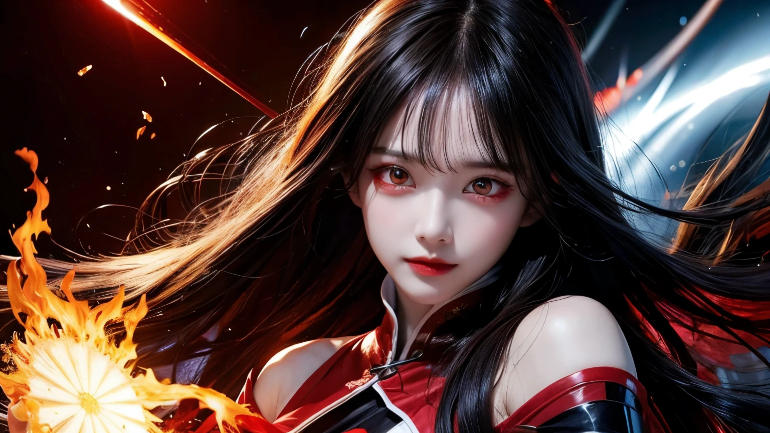 1girl, black hair, red eyes, fire witch, blood, light particles, light rays, wallpaper, high contrast, colorful,