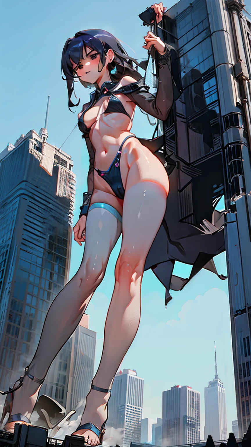 The ravishing giantess, in a skimpy silver bikini, with long raven-black hair and piercing blue eyes, strides through a futuristic metropolis. Her long, powerful legs crush skyscrapers and vehicles underfoot, each step causing a wave of destruction. She gazes at the minuscule humans below with a look of disdain, her voice filled with mocking laughter. Her towering, voluptuous figure dominates the skyline, her every movement a testament to her overwhelming power and sensual allure. Giantess, Goddess, sexy legs, heels, hot, curvy body, mommy issues, small town, small people, tiny people, macrophilia, perspective from below, high quality, almost naked, mature woman, teasing.