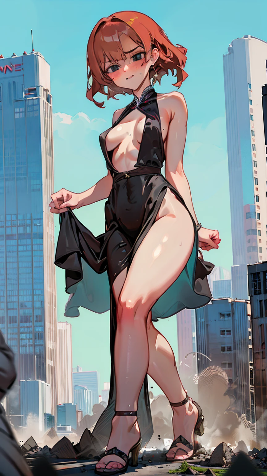 A captivating giantess, dressed in a tight-fitting black dress, with fiery red hair and intense green eyes, strides through a bustling modern city. Her curvaceous form crushes everything beneath her feet, leaving a trail of destruction in her wake. She gazes down at the tiny people scurrying at her heels, her eyes filled with a mix of amusement and contempt. Her sultry voice taunts them about their helplessness, her voluptuous figure exuding an aura of raw power and sensuality. Giantess, Goddess, sexy legs, heels, hot, curvy body, mommy issues, small town, small people, tiny people, macrophilia, perspective from below, high quality, almost naked, mature woman, dominant.