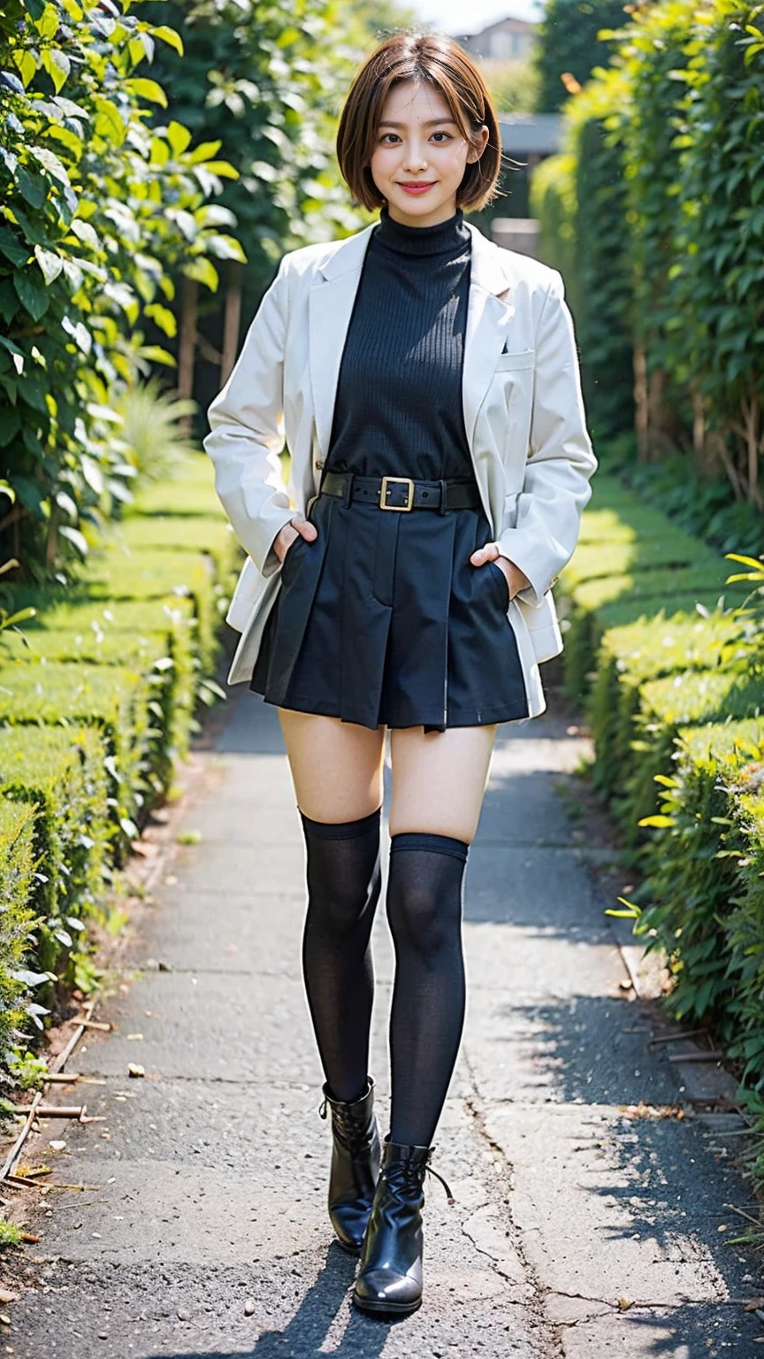 (8K、RAW Photos、Highest quality、masterpiece:1.2)、(Realistic、Realistic)、1 Girl、((Check mini skirt、Jacket、smile、black、Thin legs、whole body、boots、one piece、tights、garden、View from the front、Looking into the camera、belt、Stand with hands on hips))、cute