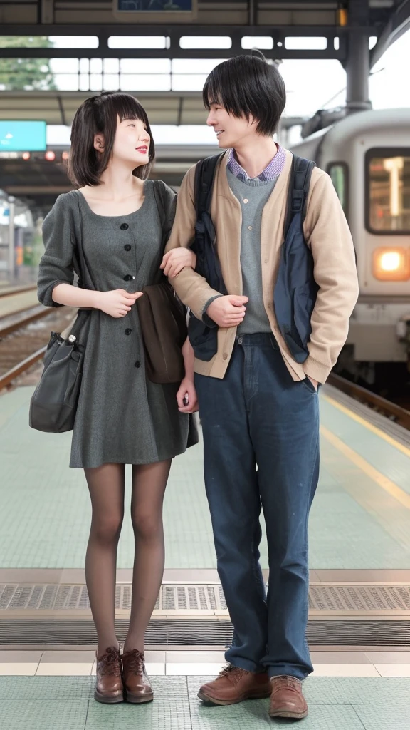 Station platform Reunited with a man Japanese girl in her 20s