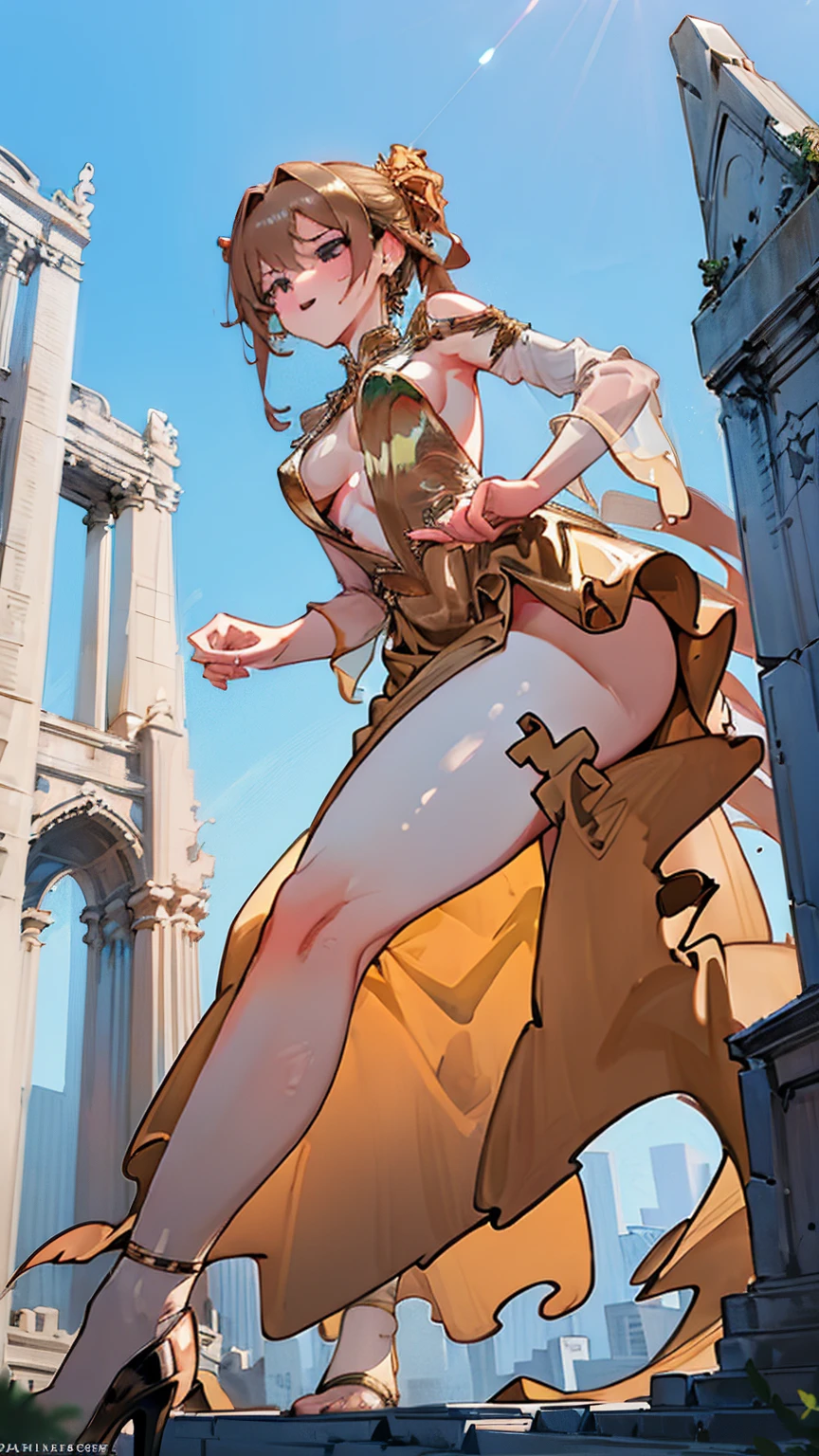The elegant giantess, in a shimmering golden gown, with flowing auburn hair and hazel eyes, strides through an ancient city. Her towering form crushes stone buildings and statues underfoot, each step causing the ground to quake. She gazes down at the tiny humans below with a look of condescending amusement, her voice filled with mocking laughter. Her curvy body glistens in the sun, every movement exuding an air of majestic dominance and irresistible allure. Giantess, Goddess, sexy legs, heels, hot, curvy body, mommy issues, small town, small people, tiny people, macrophilia, perspective from below, high quality, almost naked, mature woman, majestic.