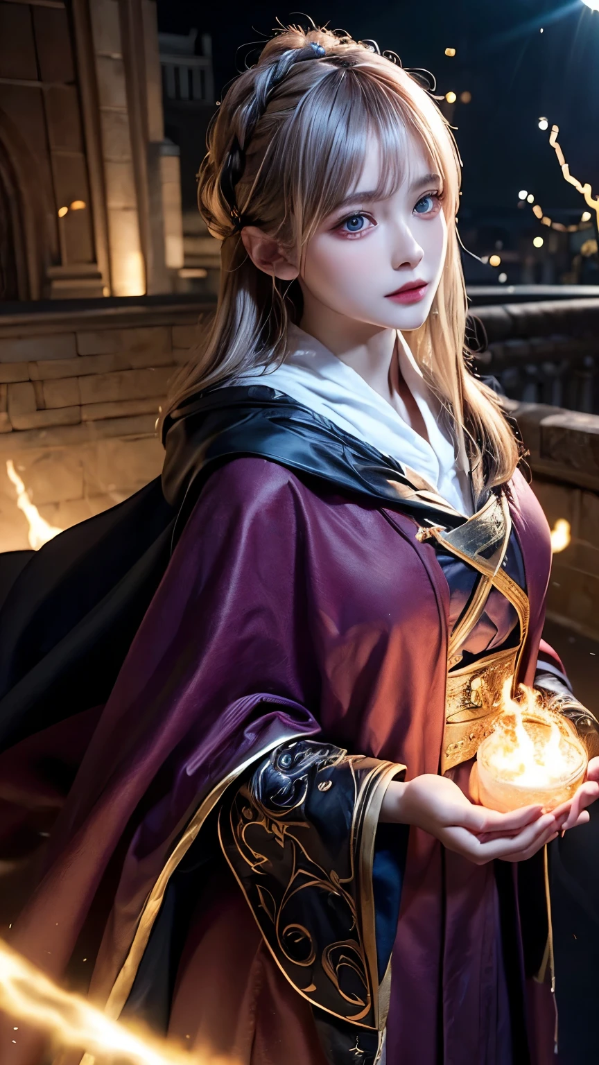 (skindentation:1.5), Realistic, Photorealistic, (masterpiece:1.5), concept art, intricate details, highly detailed, photorealistic, octane render, 8k, unreal engine, dynamic pose, best quality, highres, (realistic face:1.1), (hyperrealistic:1.1), ((full_body)), perfect eyes,(shiny skin:1.2), (((hairstyle))), (((perfect hands))), (extremely detailed background), ((dynamic background)), ((lightning)), (light rays), ((1girl)), wearing cloak, (((flowing cloak))), ((detailed eyes, high quality eyes, high quality face)), (extremely intricate robes, magical robes), short hair, casting lightning, electricity, swirling fire, radiating power, sparks, smoke, magic, ((dramatic)), epic, battlefield, depth of field, bokeh, 4k, gothic, ember, particles