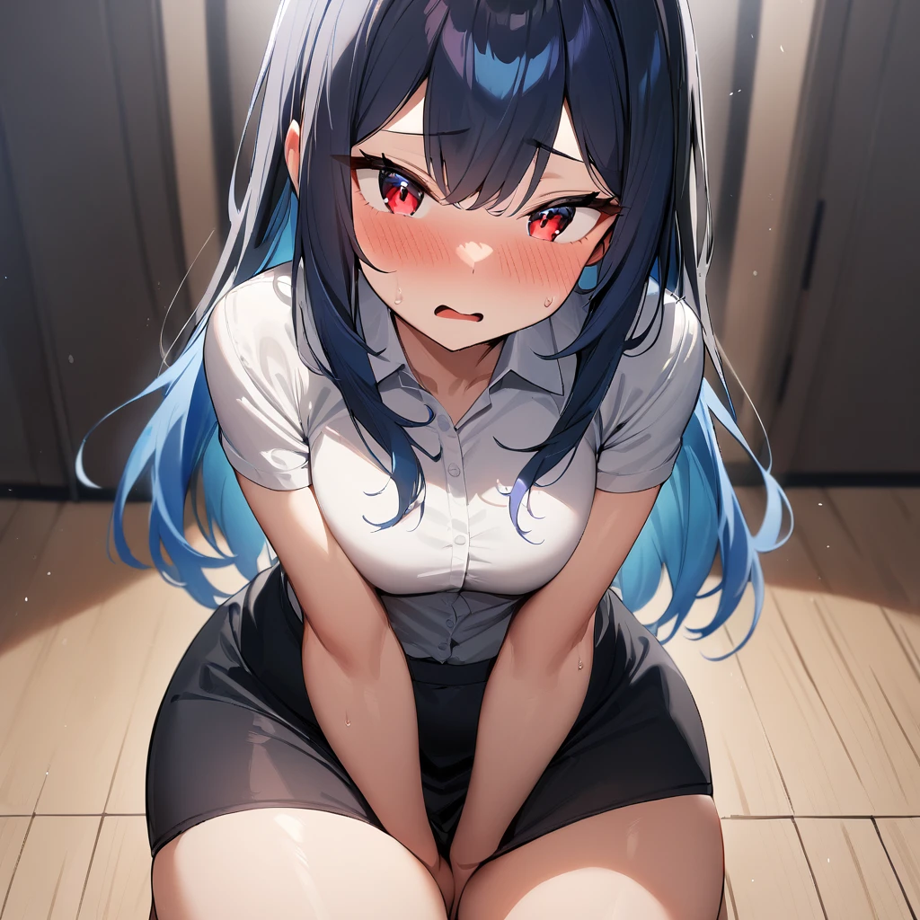 1 girl,Solo,(blue hair),black hair,red eyes,long hair,Tsurime,Curvy,best quality, very aesthetic, absurdres,straight,masterpiece, best quality, very aesthetic, absurdres,v arms,Thighs,cowboy shot,Embarrassing, have_to_pee