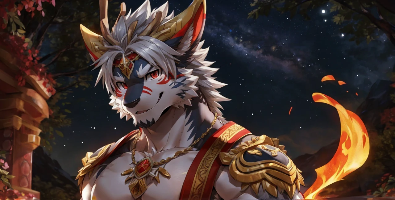 Solo, dragon, white dragon, eastern dragon male, gray hair, white body fur, muscular male, elder male, light red eyes, wearing nothing,gray fur tuft, eastern necklace, star night background, ( by Sollyz, masterpiece, 8k, hd), Looking at viewer, smiling, detailed face, detailed eyes, detailed hair, detailed muscles, detailed clothes, Genshin, nsfw, nude lower body, big penis, jerking cock, cum on full body,