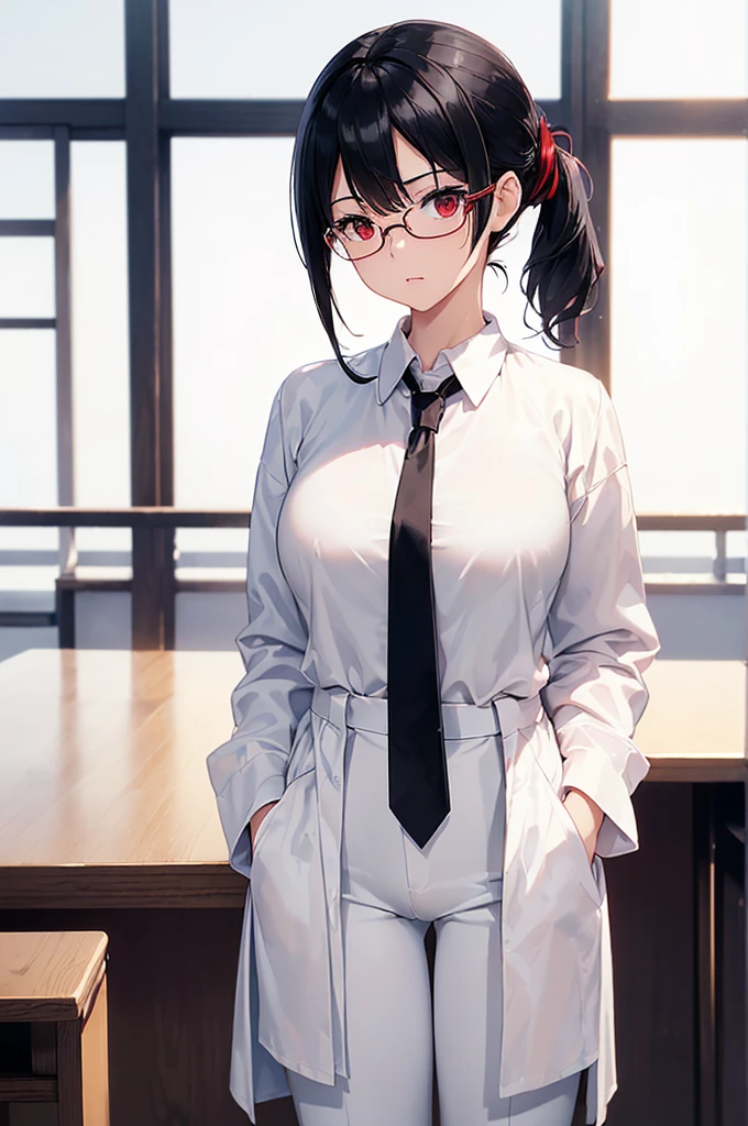 (masterpiece; best quality: 1.2), (finely detailed eyes: 1.3), ((25 year old woman)), ((solo)), (red eyes: 1.4), (body; gorgeous, soft, femenine: 1.3), (silky black hair + low ponytail: 1.3), (beautiful and clear background: 1.2), ((depth of field)), (equipment: labcoat + shirt black + necktie white + pants white + square glasses black: 1.3), (anime illustration: 1.2), (background composition; japanese highschool classroom + furniture: 1.1), (extremely fine and beautiful: 1.1), (shot composition; standing + centered on torso + close-up: 1.5), (expression; calm, stoic: 1.2)