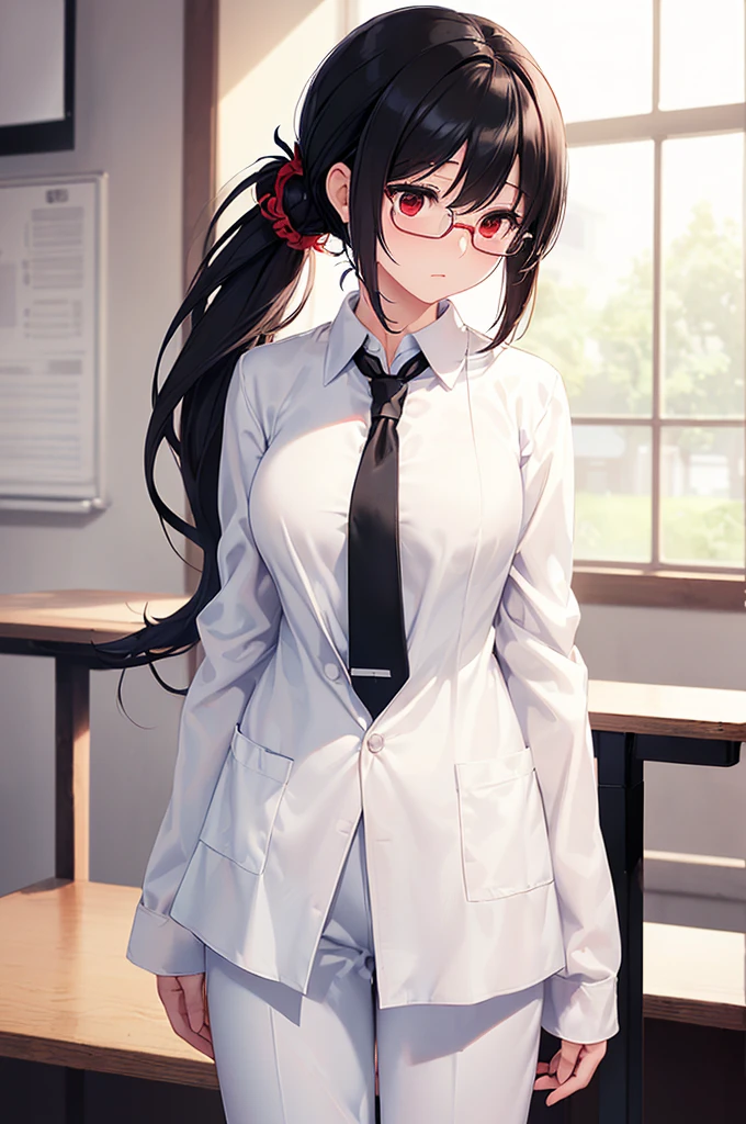 (masterpiece; best quality: 1.2), (finely detailed eyes: 1.3), ((25 year old woman)), ((solo)), (red eyes: 1.4), (body; gorgeous, luscious, femenine: 1.3), (silky black hair + low ponytail: 1.3), (beautiful and clear background: 1.2), ((depth of field)), (equipment: labcoat white + shirt white + necktie white+ pants white + square glasses black: 1.3), (anime illustration: 1.2), (background composition; japanese highschool classroom + furniture: 1.1), (extremely fine and beautiful: 1.1), (shot composition; standing + centered on torso + close-up: 1.5), (expression; calm, stoic: 1.2)