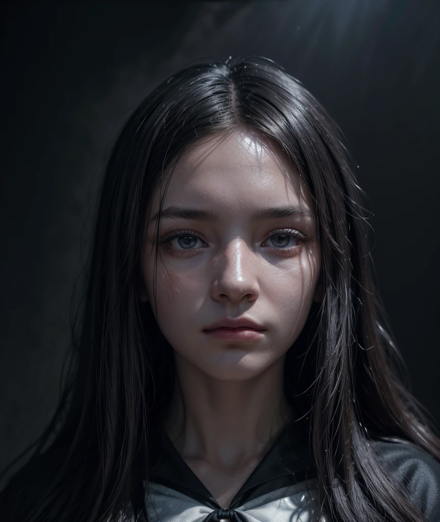 (Frontal focus), (in dark: 1.6), Surrealistic Female Portraits by David Hockney and Alphonse Mucha, Perfect Beauty 1:1 Fantasy Art, photographic realism, dynamic lighting, art station, posters, volumetric lighting, Very Detailed Faces, 4K, awardwinning, 1 girl, in dark, deep shadow, subtle, cowboy shot, (uniforme oficial: 1.4), long hair,