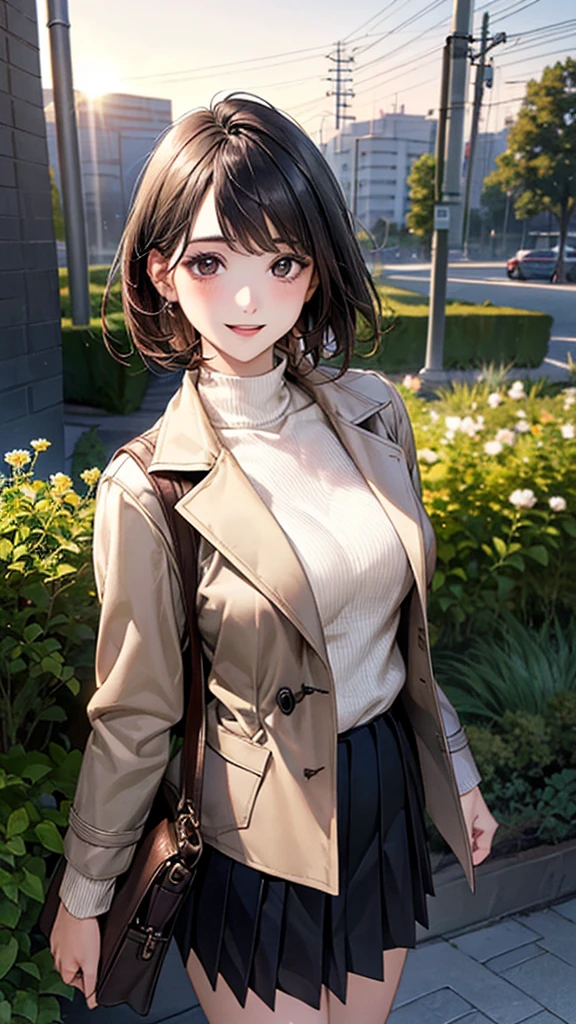 (masterpiece:1.2, Highest quality), (Realistic, photoRealistic:1.4), Beautiful illustrations, (Natural Side Lighting, Cinema Lighting), Browsing Caution,
View your viewers, 1 Girl, Japanese, Beauty、30 years old, Perfect Face, Cute and symmetrical face, Shiny skin,
(short hair:1.7, Straight hair:1.2, Black Hair), Swept-apart bangs, Dark brown eyes, Droopy eyes, Long eyelashes, (Medium chest), Slim body,
Beautiful Hair, Beautiful Face, Beautiful attention to detail, Beautiful clavicle, Beautiful body, Beautiful breasts, Beautiful thighs, Beautiful feet, Beautiful fingers,
(Beige trench coat, Black turtleneck sweater, Box Pleated Skirt)、Shoulder bag、
(Beautiful views), sunset, (garden,Riverside)、 Are standing, (smile, Open your mouth a little),