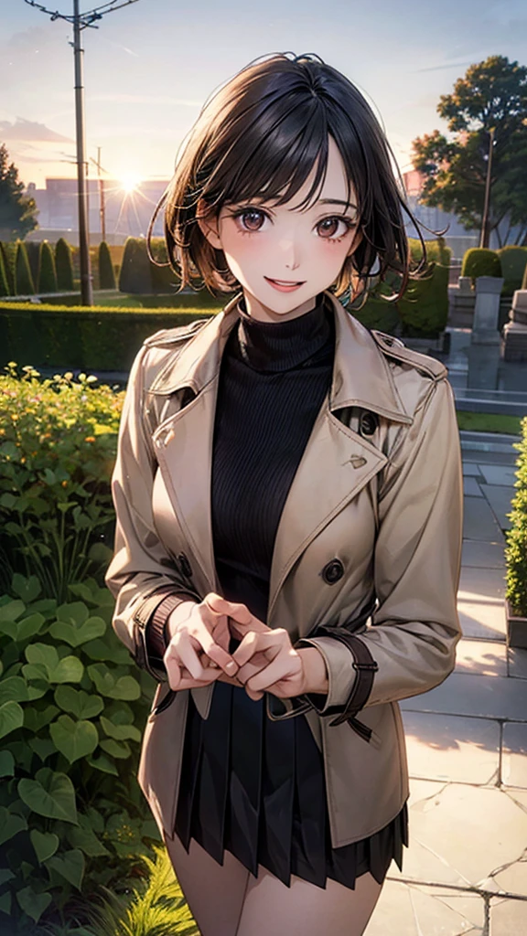 (masterpiece:1.2, Highest quality), (Realistic, photoRealistic:1.4), Beautiful illustrations, (Natural Side Lighting, Cinema Lighting), Browsing Caution,
View your viewers, 1 Girl, Japanese, Beauty、30 years old, Perfect Face, Cute and symmetrical face, Shiny skin,
(short hair:1.7, Straight hair:1.2, Black Hair), Swept-apart bangs, Dark brown eyes, Droopy eyes, Long eyelashes, (Medium chest), Slim body,
Beautiful Hair, Beautiful Face, Beautiful attention to detail, Beautiful clavicle, Beautiful body, Beautiful breasts, Beautiful thighs, Beautiful feet, Beautiful fingers,
(Beige trench coat, Black turtleneck sweater, Box Pleated Skirt)、Shoulder bag、
(Beautiful views), sunset, (garden,Riverside)、 Are standing, (smile, Open your mouth a little),