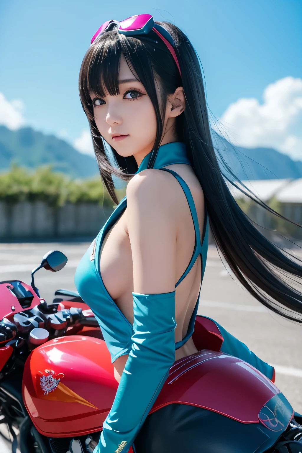 hatune miku, DRAGON BALL style, precure style, upper body, sideboob, depthoffield, view straight on, flying sweatdrops, neat figure, Beautiful detailed girl, young, very long hair, flipped hair, wept bangs, long bangs between eyes, floating hair, Motorcycle goggles, serafuku, bright, blue sky,motorcycle