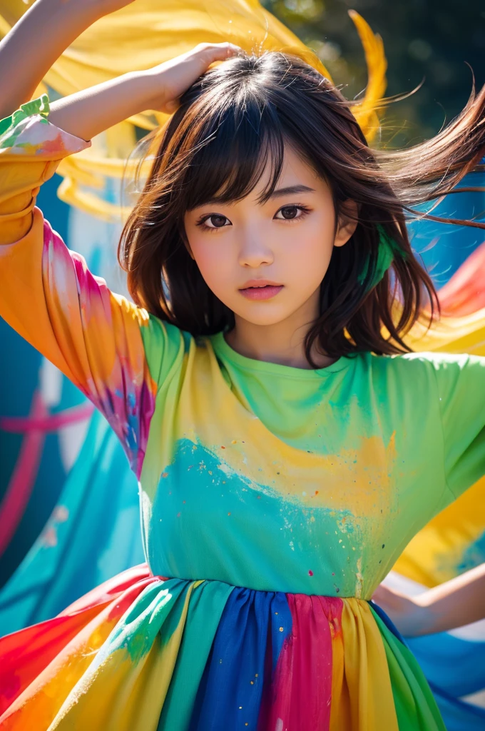 A beautiful Japanese girl is depicted in a vertical portrait, emerging from a vibrant splash of multicolored paint. She has long, dark hair with bangs framing her delicate face, and her expression is serene and captivating. She wears a semi-transparent, lightweight dress with a flowing, thin fabric that complements the fluidity of the paint around her.

The background is a light, neutral color, allowing the vivid colors of the paint to stand out. The paint splashes are rendered in dynamic, sweeping arcs, with hues of green, yellow, orange, blue, and red, creating a sense of movement and energy. The artist employs digital painting techniques to achieve a high level of detail, particularly in the textures of the paint and the delicate fabric of the dress.

The lighting is soft and even, casting gentle highlights on the girl's face and the paint, enhancing the overall sense of depth and realism. The use of bright, saturated colors and dynamic composition creates a visually striking and lively image.