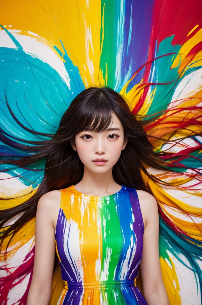 A beautiful Japanese girl is depicted in a vertical portrait, emerging from a vibrant splash of multicolored paint. She has long, dark hair with bangs framing her delicate face, and her expression is serene and captivating. She wears a semi-transparent, lightweight dress with a flowing, thin fabric that complements the fluidity of the paint around her.
The background is a light, neutral color, allowing the vivid colors of the paint to stand out. The paint splashes are rendered in dynamic, sweeping arcs, with hues of green, yellow, orange, blue, and red, creating a sense of movement and energy. The artist employs digital painting techniques to achieve a high level of detail, particularly in the textures of the paint and the delicate fabric of the dress.
The lighting is soft and even, casting gentle highlights on the girl's face and the paint, enhancing the overall sense of depth and realism. The use of bright, saturated colors and dynamic composition creates a visually striking and lively image.