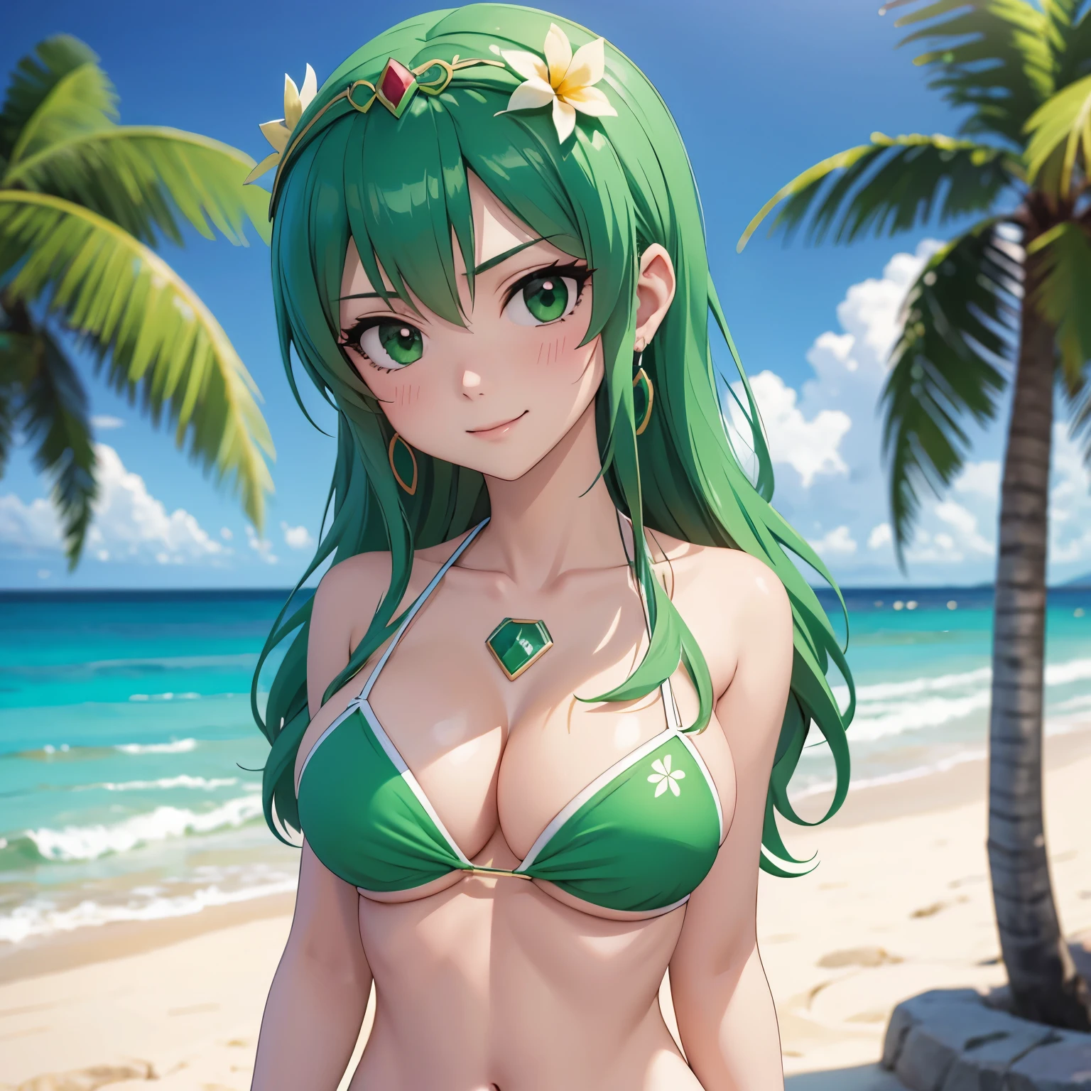 Hisui E. Flower, Woman 18 years old, green hair, emerald eyes , SMILE, blush, big breasts, bikini amarillo y verde, background playa tropical. 1 sola mujer .. chica sola accesorio en su cabeza.
