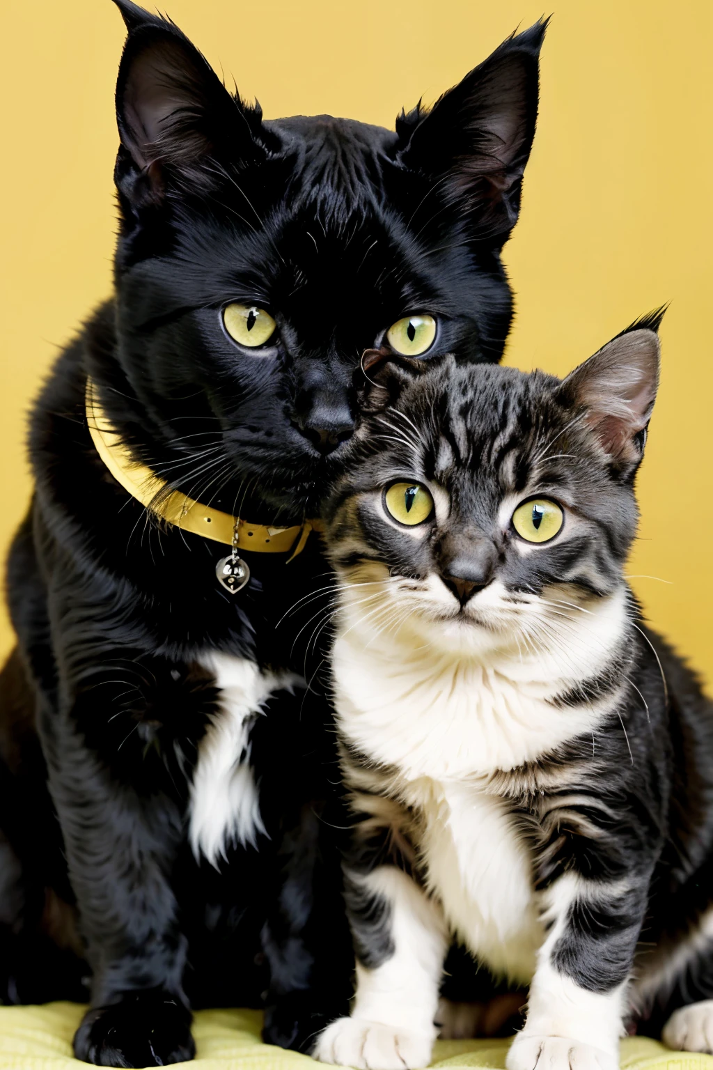 tuxedo cat but that has a mole in its mouth and its eyes are green together with a Bombay cat that is blind in its left eye and that the right has a noticeable mole that are together in a cherry tree 