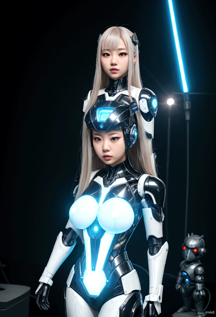 asian woman, standing, stop FRONT VIEW, tez blanca, korean, tits, futuristic clothing, modern outfit provided, NO DEFORMATIONS, beautiful, robot, cyborg, android, light, laser, League of Legends, splah art, sexy, the payment, chrome, Metal, FNAF, Animatronic, White y negro, shadows, contrast, linda, beauty, goddess, kpop, Twice, Blackpink, warframe, robots, EVERGLOW, Aespa, idol, star wars, steel, iron, Metal, the payment, Dark, lingerie, Dorado, gold, lights, trails, cables, wires, doll, doll, doll, haydee. neutral background, armor, haydee, hair without bangs, hair on the sides, long straight hair, hair without bangs, hair on the sides, White, White, oppai, big tits, big tits, throw, general, DIRECTOR, big breast. lights, LIGHT BLUE lights, celestial lights, bioluminiscencia, light blue details. illuminated face, light de frente