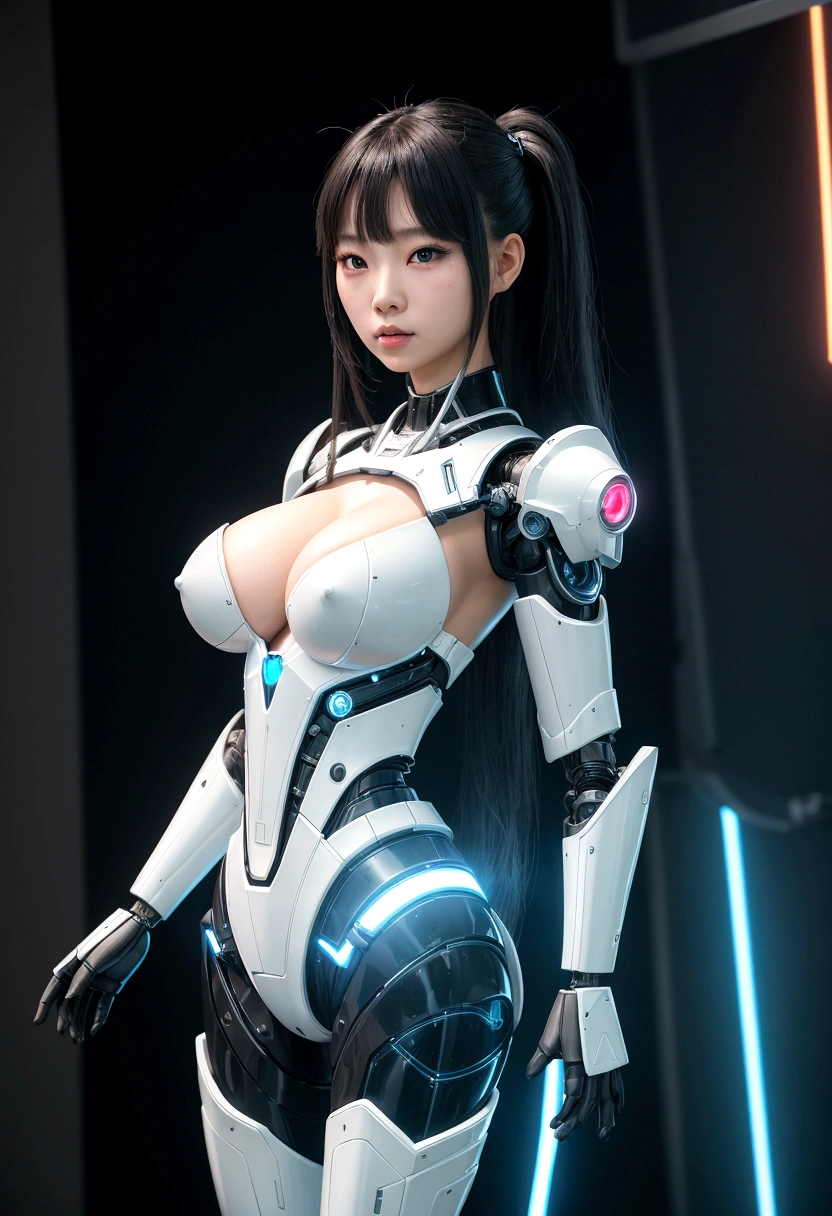 asian woman, standing, stop FRONT VIEW, tez blanca, korean, tits, futuristic clothing, modern outfit provided, NO DEFORMATIONS, beautiful, robot, cyborg, android, light, laser, League of Legends, splah art, sexy, the payment, chrome, Metal, FNAF, Animatronic, White y negro, shadows, contrast, linda, beauty, goddess, kpop, Twice, Blackpink, warframe, robots, EVERGLOW, Aespa, idol, star wars, steel, iron, Metal, the payment, Dark, lingerie, Dorado, gold, lights, trails, cables, wires, doll, doll, doll, haydee. neutral background, armor, haydee, hair without bangs, hair on the sides, long straight hair, hair without bangs, hair on the sides, White, White, oppai, big tits, big tits, throw, general, DIRECTOR, big breast. lights, LIGHT BLUE lights, celestial lights, bioluminiscencia, light blue details. illuminated face, light de frente
