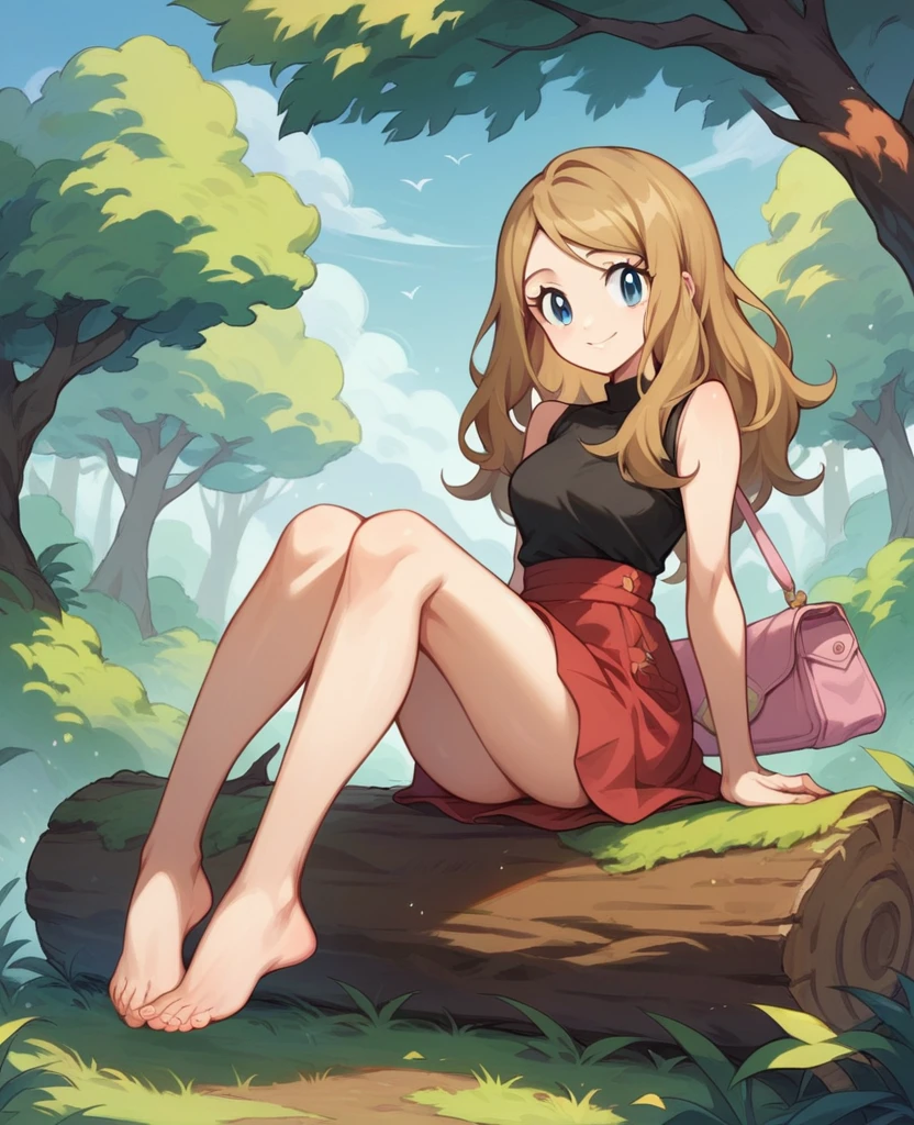 a woman (Serena from Pokémon) with golden hair, a black shirt, sleeveless, blue eyes, sitting on a fallen log, vegetation and trees in the background, Red skirt, with pink purse, bare legs showing her bare feet, while smiling charmingly with his feet raised
