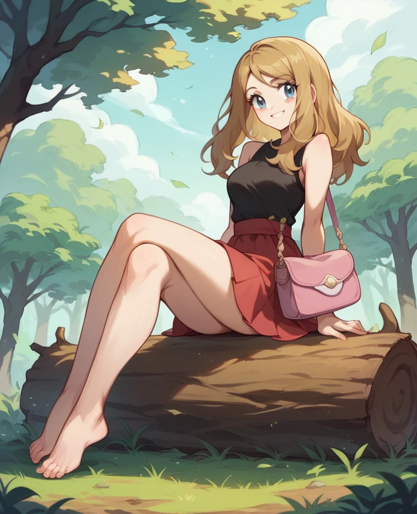 a woman (Serena from Pokémon) with golden hair, a black shirt, sleeveless, blue eyes, sitting on a fallen log, vegetation and trees in the background, Red skirt, with pink purse, bare legs showing her bare feet, while smiling charmingly with his feet raised