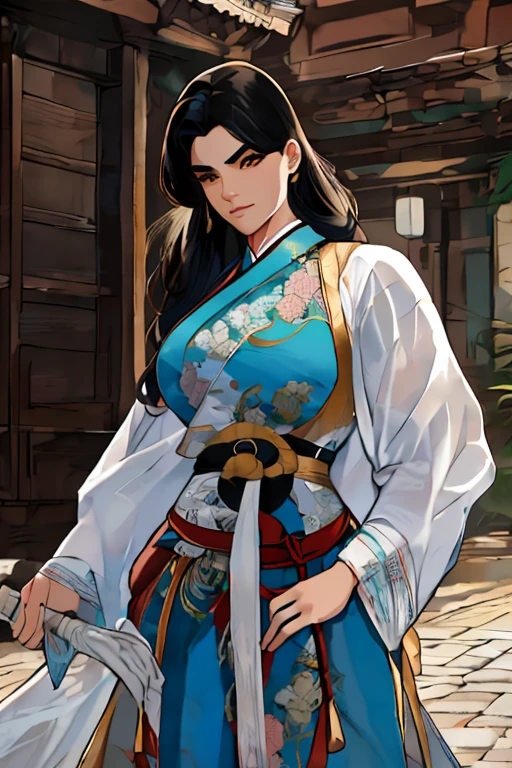 NSFW, Masterpiece artwork, best qualityer, ultra detali, semi-realistic, detailedfacialfeatures, 1woman,wearing old wuxia clothes,voluptuous,sensuous,long black hair,dark clothes, audacious,holding in his left hand a thick and long sword.