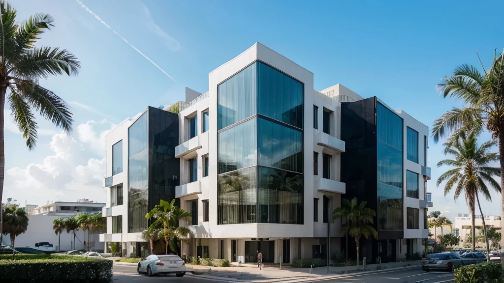 Big very large building in Double L shape intertwined. Minimalist archdaily architecture style.
Modern architecture, modern 4 storeys building, glass façade , park around, very clean, green garden, palm trees, 3 storeys. Vegetal roof, bioclimatic, one small tower building inbthe center. Very large long building