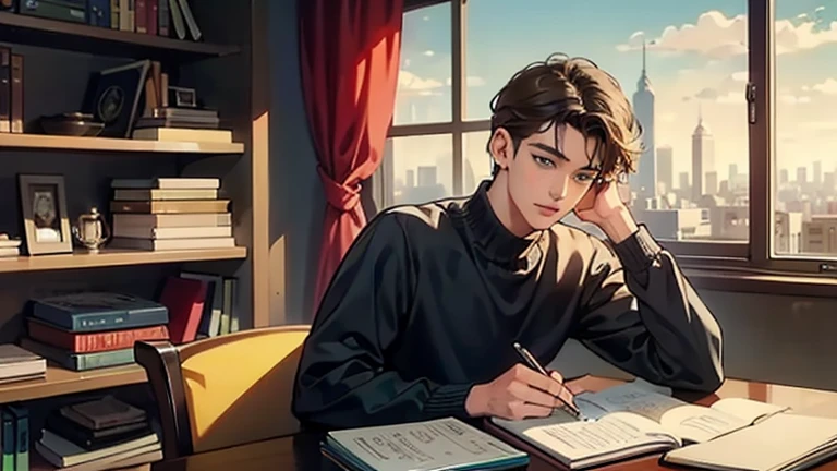 little boy, 20 year, short-hair, brown, greeneyes, estilo rebelde, like James Dean, Wearing Headphones, studying with notebook, books and laptop next to a large window, with city view, with 2 books, a cup of coffee.