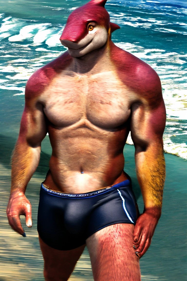 a muscular male shark, light purple skin, dark yellow eyes, walking up from the sea, black swimming trunks, bulge in crotch, shirtless, body wounds, furry, bara, (best quality,4k,8k,highres,masterpiece:1.2),ultra-detailed,(realistic,photorealistic,photo-realistic:1.37),highly detailed portrait, detailed texture, dramatic lighting, cinematic, hyper realistic