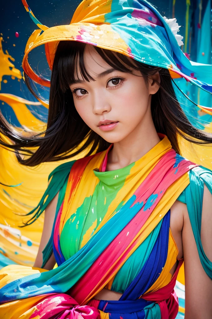 A beautiful Japanese girl is depicted in a vertical portrait, emerging from a vibrant splash of multicolored paint. She has long, dark hair with bangs framing her delicate face, and her expression is serene and captivating. She wears a semi-transparent, lightweight dress with a flowing, thin fabric that complements the fluidity of the paint around her.

The background is a light, neutral color, allowing the vivid colors of the paint to stand out. The paint splashes are rendered in dynamic, sweeping arcs, with hues of green, yellow, orange, blue, and red, creating a sense of movement and energy. The artist employs digital painting techniques to achieve a high level of detail, particularly in the textures of the paint and the delicate fabric of the dress.

The lighting is soft and even, casting gentle highlights on the girl's face and the paint, enhancing the overall sense of depth and realism. The use of bright, saturated colors and dynamic composition creates a visually striking and lively image.