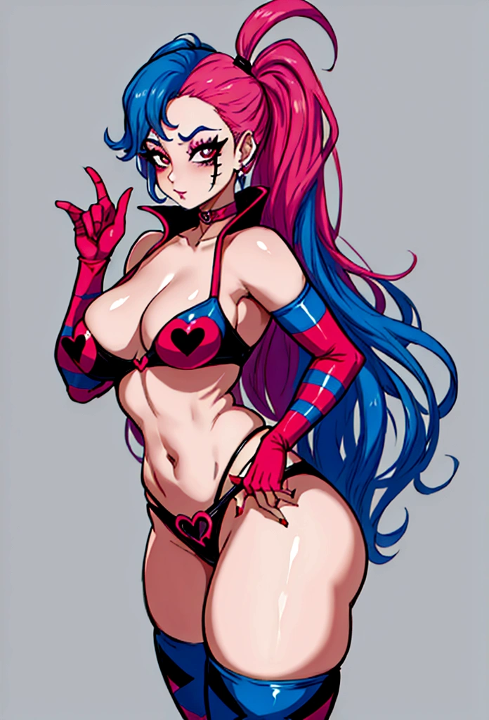 there is a woman with a pink shirt and blue hair posing, cosplay, cosplay on black harlequin queen, Harley Quinn, Harley Quinn standing, amaranth as a super villain, e 2k cutecore clowncore, amaranth, cosplay realista, professional cosplay, harlequin queen, 🐎🍑, 8K)), thick, of Harley Quinn