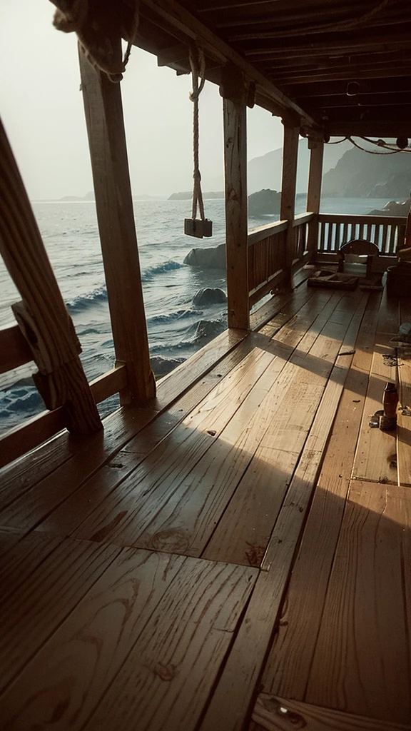 The Mary Celeste's deck is empty, with loose ropes and intact barrels, creating a feeling of abandonment and mystery, in a dark and silent setting.