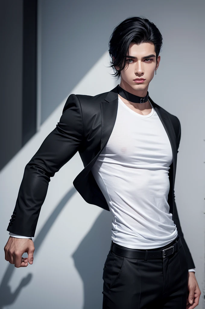 Create a realistic male character,with eyes height 1,80,defined muscles,skin fair, striking look, black hair, fleshy lips ,and with a white formal t-shirt and black tailored trousers.He is young, around 20 years old