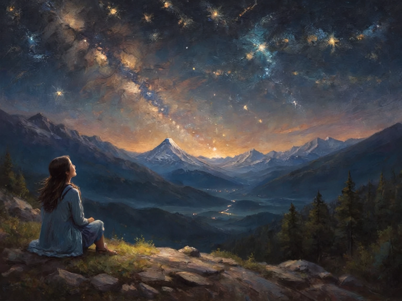 A girl looking up at the starry sky on the mountain，Vision