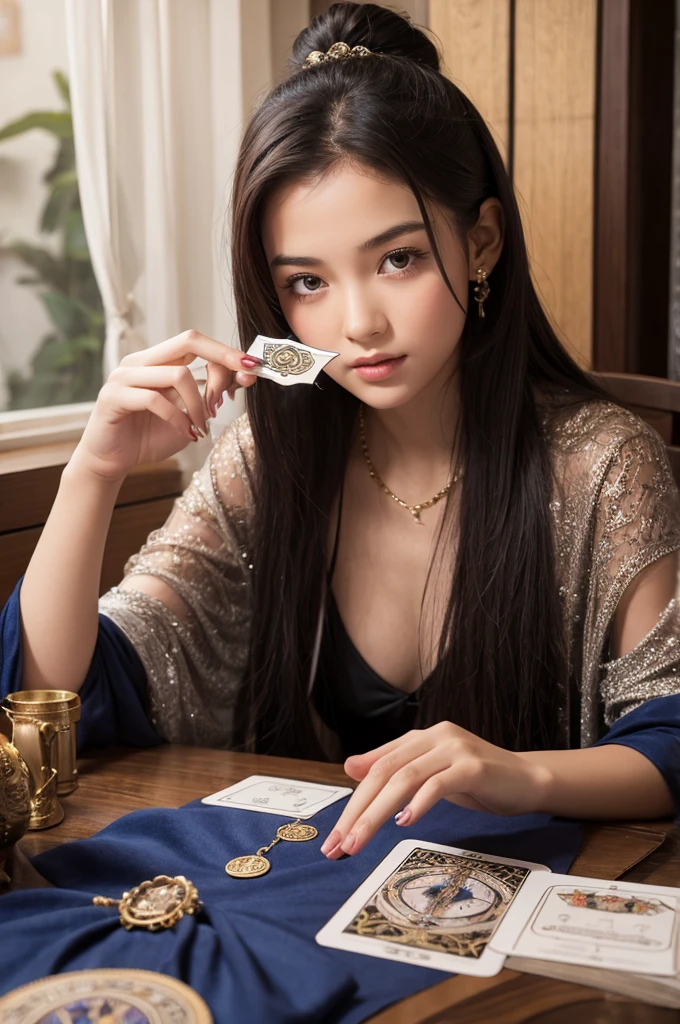 Young female fortune teller doing tarot reading