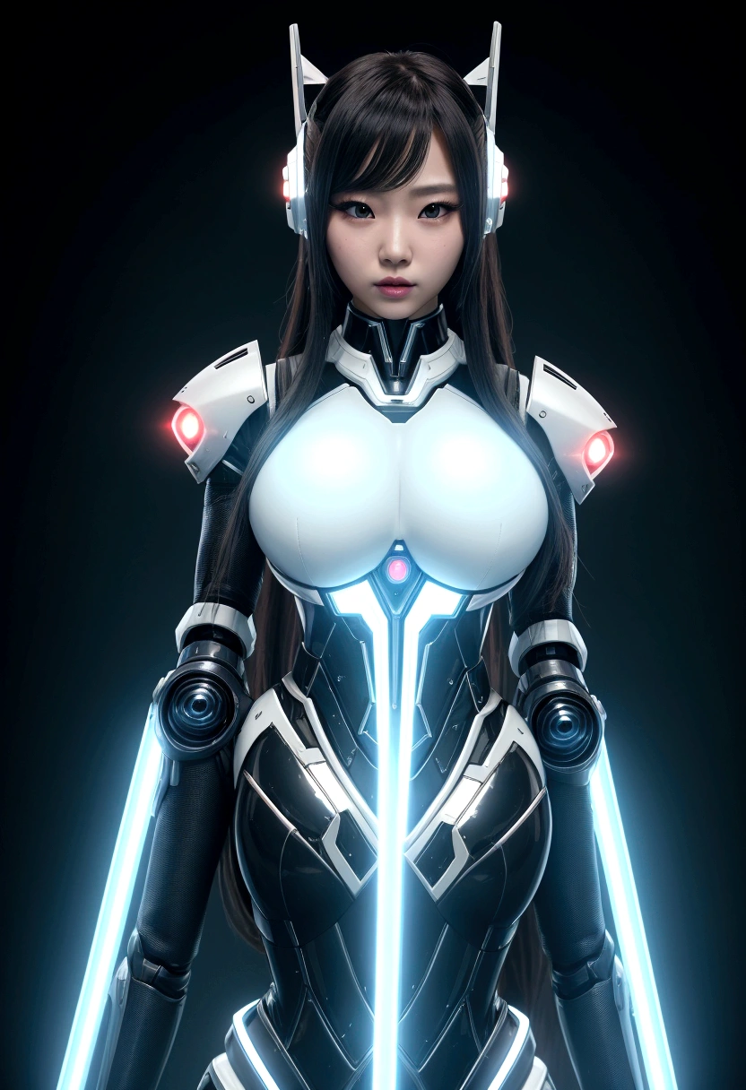 asian woman, standing, stop FRONT VIEW, tez blanca, korean, tits, futuristic clothing, modern outfit provided, NO DEFORMATIONS, beautiful, robot, cyborg, android, light, laser, League of Legends, splah art, sexy, the payment, chrome, Metal, FNAF, Animatronic, White y negro, shadows, contrast, linda, beauty, goddess, kpop, Twice, Blackpink, warframe, robots, EVERGLOW, Aespa, idol, star wars, steel, iron, Metal, the payment, Dark, lingerie, Dorado, gold, lights, trails, cables, wires, doll, doll, doll, haydee. neutral background, armor, haydee, hair without bangs, hair on the sides, long straight hair, hair without bangs, hair on the sides, White, White, oppai, big tits, big tits, throw, general, DIRECTOR, big breast. lights, LIGHT BLUE lights, celestial lights, bioluminiscencia, light blue details. illuminated face, light de frente
