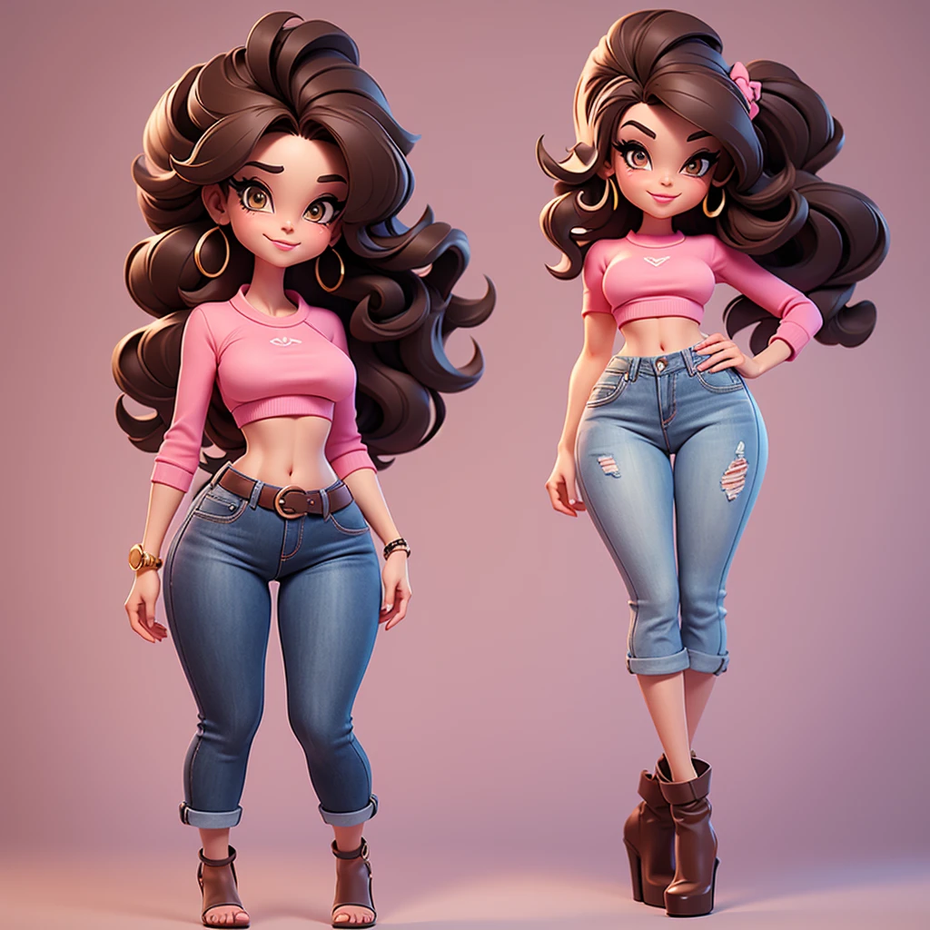 A sexy cartoon woman in jeans and pink crop top posing gracefully for a photo, beauty in jeans, wavy brown hair, Waist slender, cebelos black sexy girl, mulher de corpo inteiro, wearing jeans, beautiful seductive woman, slender figure, cartoon vector style, corpo pin-up, Broad Hips
