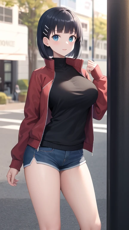 masterpiece, best quality, highres, aasugu, short hair, hairclip, large breasts, track jacket, red jacket, black shirt, blue shorts, standing, cowboy shot, park, outdoors,