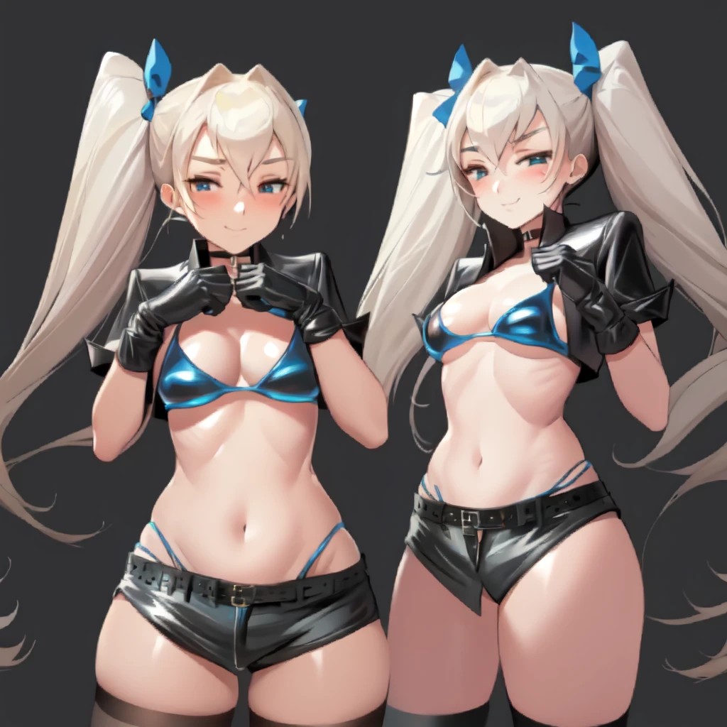 Bowei, LilyTot, 1girl, solo, long hair, looking at viewer, blush, smile, blue eyes, blonde hair, large breasts, simple background, thighhighs, gloves, bow, navel, cleavage, hair between eyes, twintails, medium breasts, very long hair, closed mouth, underwear, standing, panties, jacket, swimsuit, short sleeves, hair bow, bikini, cowboy shot, open clothes, shorts, choker, black thighhighs, stomach, bra, black jacket, hands up, short shorts, highleg, black choker, blue bow, black shorts, black background, blue bikini, o-ring, clenched hands, cropped jacket, blue panties, blue gloves, open fly, highleg bikini, blue bra, micro shorts, blue choker, open shorts,