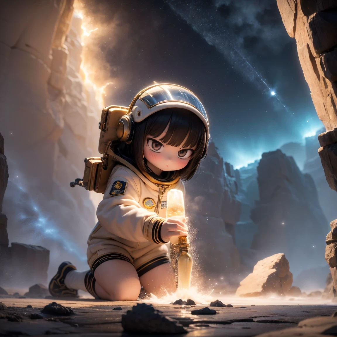 ((ultra real detailed.The astronaut) (Masterpiece, Top quality, Best quality, offcial art, Beauty and aesthetics: 1.2), Very detailed, Colorful, Most detailed, branches, The astronaut, (Mards)The astronaut(canyons), (Linen future spacesuit), Angry fighting stance, looking at the ground, Batik linen bandana, Crane pattern long sleeve garment, Astronaut Canyon(Abstract propylene splash:1.2), Dark clouds lightning background,Sprinkle with gold dust(realisticlying:1.4),Black color hair,Flour fluttering,rainbow background, A high resolution, the detail, RAW photogr, Sharp Re, Nikon D850 Film Stock Photo by Jefferies Lee 4 Kodak Portra 400 Camera F1.6 shots, Rich colors, ultra-realistic vivid textures, Dramatic lighting, Unreal Engine Art Station Trend, cinestir 800,Flowing black hair,(((Mards)))