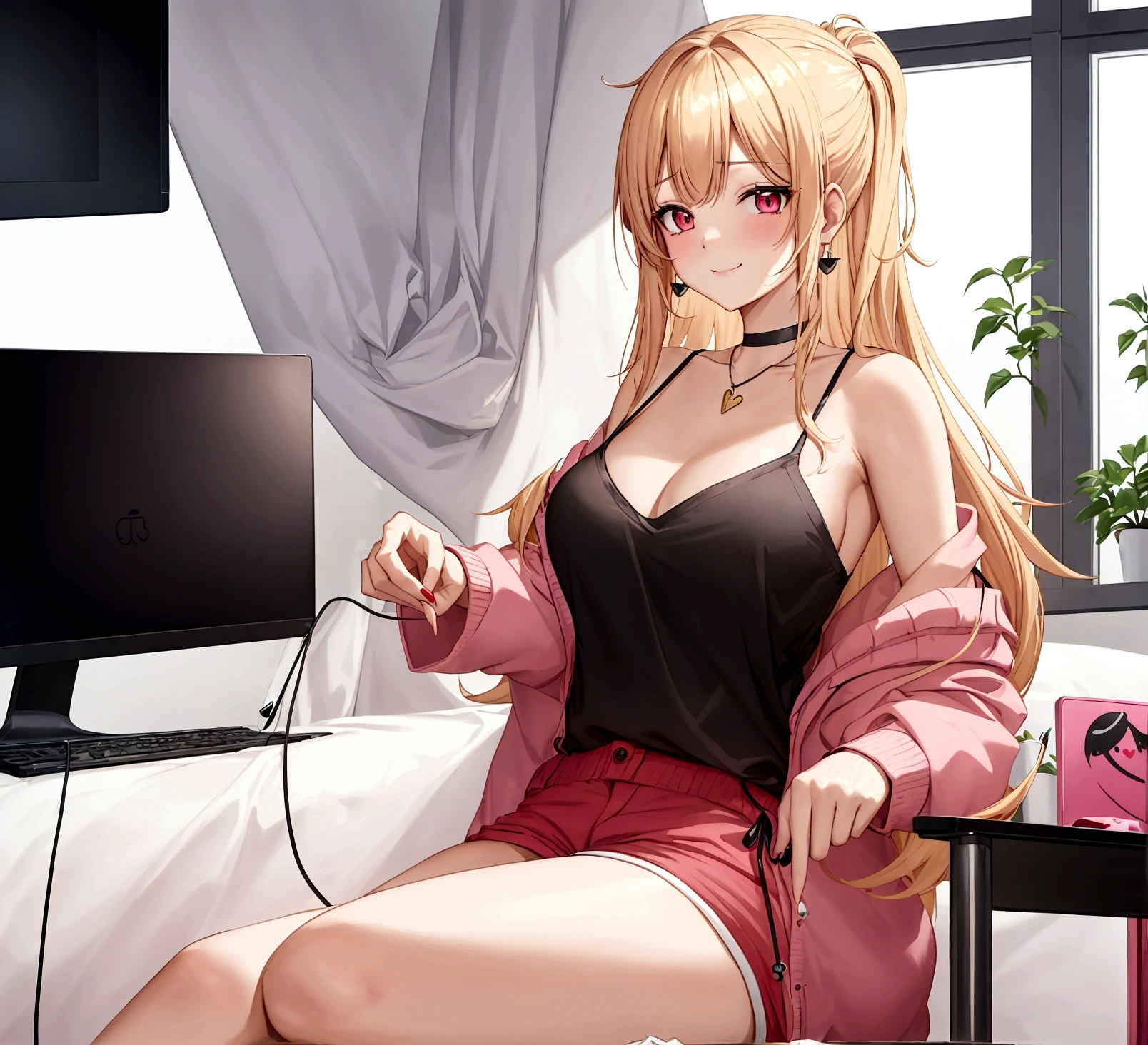 ((최고의 품질)), ((걸작)), (상세한), 여자 1명, Create an anime-style digital artwork of a character with long, straight, sleek blonde hair and bright red eyes. The character is wearing a white cardigan over a black tank top and dolphin shorts. She is accessorized with a pink heart pendant choker and long, decorative earrings. Her hair features a red heart hairpin on the side. The character is sitting in her room in front of a desktop computer, smiling warmly. The background should show a cozy room with soft lighting, with elements like a computer desk, monitor, and some personal items scattered around. The overall mood should be relaxed and inviting, capturing the essence of a casual day indoors.