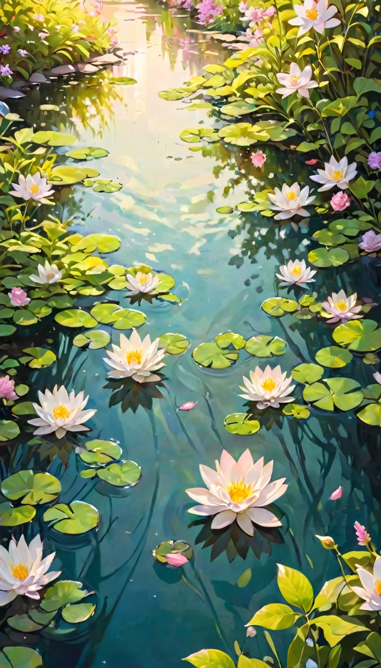 ((Soft_color_:)1.5), ((Soft_color_Tonalism):1.4), ((Clear water reflection background):1.3), ((Soft color flowers):1.4)),((Aerial view of the garden):1.2),((Typical static images and dynamic angles):1.3), ((Cool and beautiful shadow silhouette):1.1), Intricately detailed gouache painting, Rich in visual detail、Masterpieces of various styles add a touch of authenticity,  Enhanced detail strokes, Careful brushstrokes create atmosphere, Use delicate and powerful brushwork, create a fascinate atmosphere. Very detailed gouache painting, ((Unparalleled sharpness and clarity):1.1), ((Rendering radiance at stunning 32K resolution):1.3), All captured in sharp focus.