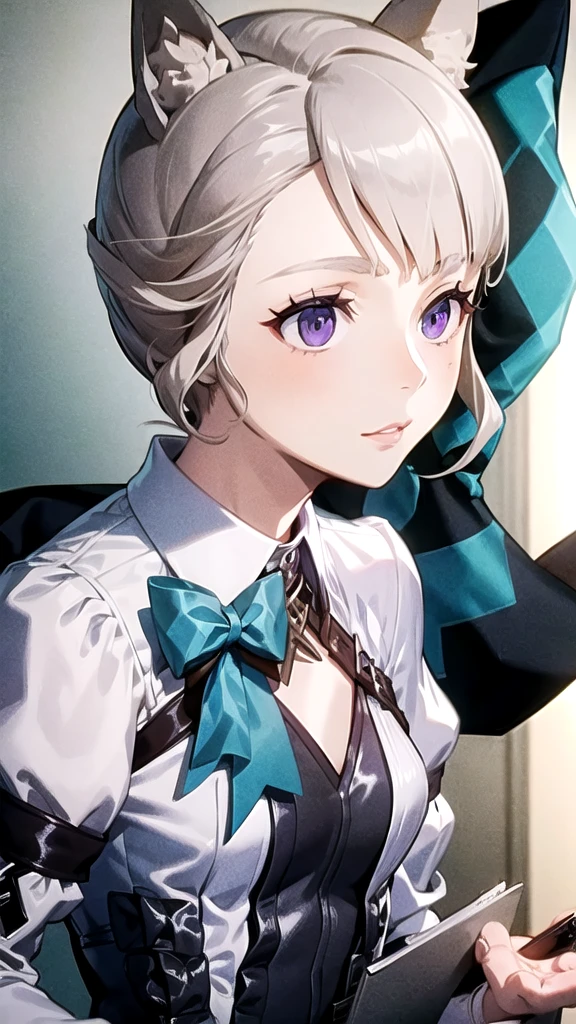 masterpiece, best quality,   1girl,lynette,hair bow,puple eyes,animal ears,grey hair,short hair, Office Girl 
