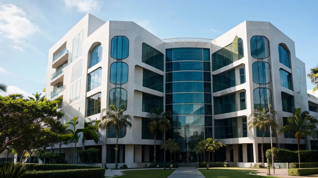 Big very large building in Double L shape intertwined. Minimalist archdaily architecture style.
Modern architecture, modern 4 storeys building, glass façade , park around, very clean, green garden, palm trees, 3 storeys. Vegetal roof, bioclimatic, one small tower building inbthe center. Very large long building