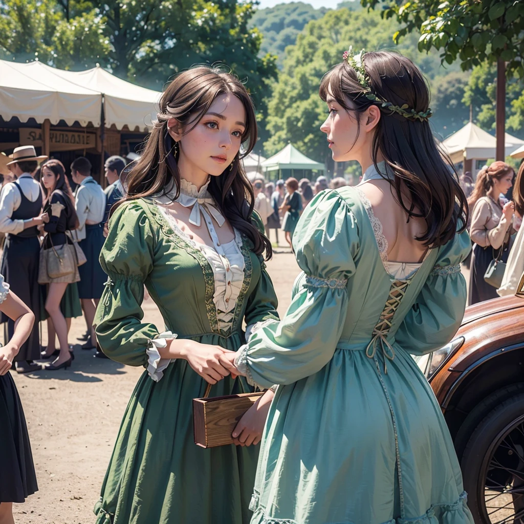 Two young women in 1890s dress standing in a countryside county fair, detailed intricate victorian era dress, delicate and elegant hairstyle, beautiful detailed eyes, beautiful detailed lips, extremely detailed and realistic, (best quality,4k,8k,highres,masterpiece:1.2),ultra-detailed,(realistic,photorealistic,photo-realistic:1.37),vibrant colors,warm lighting,soft focus,highly detailed victorian era scene,country fair atmosphere,bustling crowds,ferris wheel,colorful tents,detailed wooden structures,lush green trees