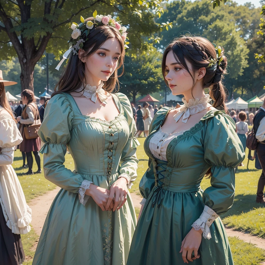 Two young women in 1890s dress standing in a countryside county fair, detailed intricate victorian era dress, delicate and elegant hairstyle, beautiful detailed eyes, beautiful detailed lips, extremely detailed and realistic, (best quality,4k,8k,highres,masterpiece:1.2),ultra-detailed,(realistic,photorealistic,photo-realistic:1.37),vibrant colors,warm lighting,soft focus,highly detailed victorian era scene,country fair atmosphere,bustling crowds,ferris wheel,colorful tents,detailed wooden structures,lush green trees