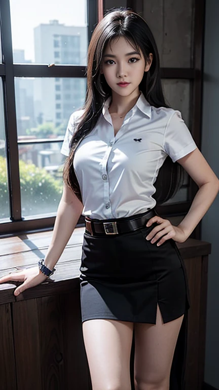 Masterpiece:1.2, best quality, 8k, UHD, high detailed, knee shot, portrait, hyperrealistic, cinematic light, 18s woman, thai university, uniform, white thin satin shirt, black tight short skirt, blown sueded belt, shinny silver belt buckle, shinny silver shirt buttons, flat abs, perfect figure, perfect body proportion, beautiful, cute, digital art, light and shadow, black long hair, dynamic sexy pose, low key, high contrast, light ray from window in the morning, window frame shadow