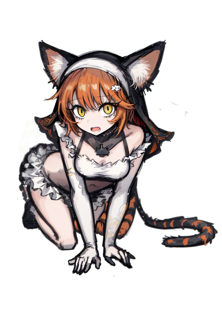 1girl ,orange white, cat girl,nun, (high resolution, high detail, best quality), white background, single, medium chest, yellow eyes, cat tail, happy, open mouth