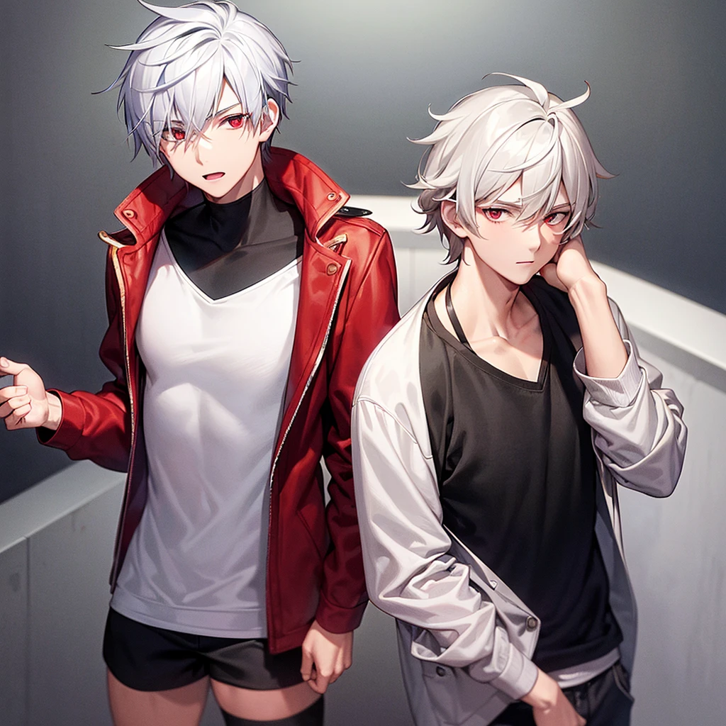 20 year old boy with white hair red eyes wearing a red jacket and a black t-shirt with a black sweatshirt with a pidtoak in his hand